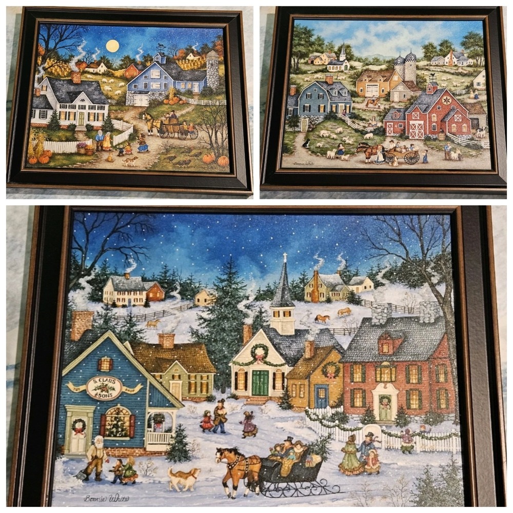 Bonnie White Framed Seasonal Print Set 3 Farmhouse Wall Art Fall Summer Winter